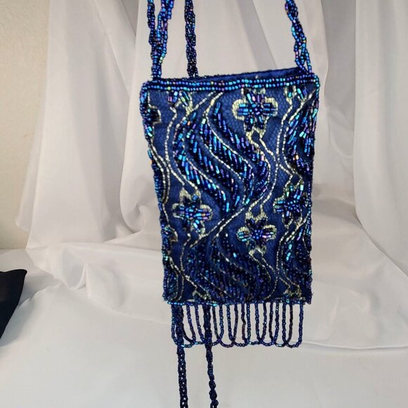 Vintage Blue Beaded Evening Bag With Fringe & Strap - Picture 2 of 12